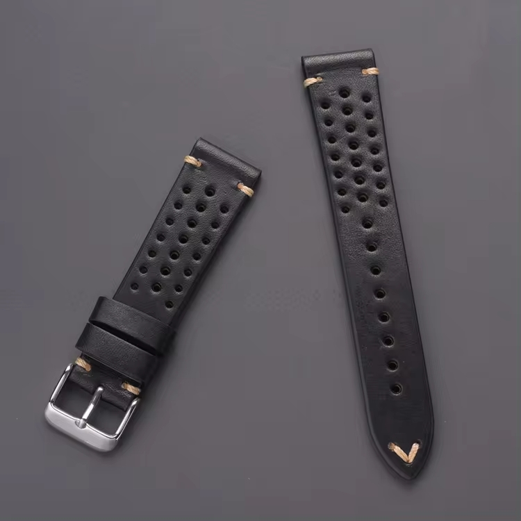 Perforated/Rally Style Leather Watch Straps - Black - Quick Release