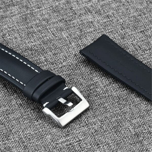 WSC Sailcloth and Leather Watch Strap - Black & White by Watch Straps Canada zoomed in on stainless steel buckle