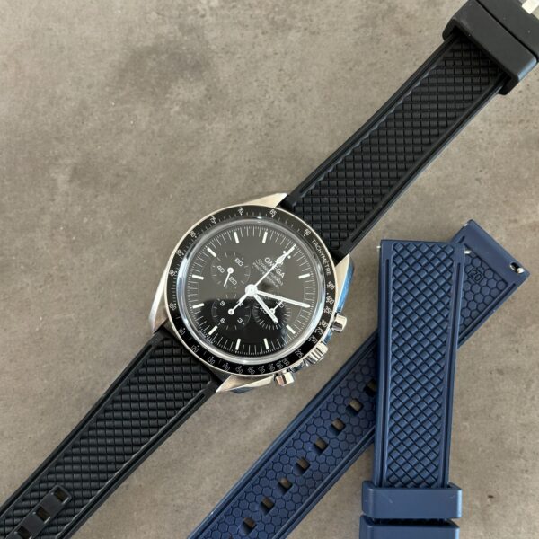 WSC Rugged FKM strap by Watch Straps Canada in Black mounted on Omega Speedmaster