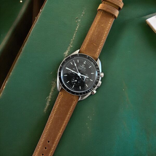 Light Brown premium leather strap by watch straps canada mounted on Omega Speedmaster