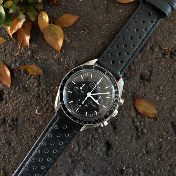 Perforated Leather Rally Watch Band in Black by Watch Straps Canada mounted on Omega Speedmaster