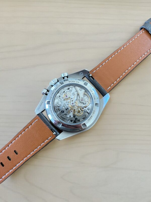 Watch Straps Canada Pebbled Leather Watch Band in Grey mounted on Omega Speedmaster - back view